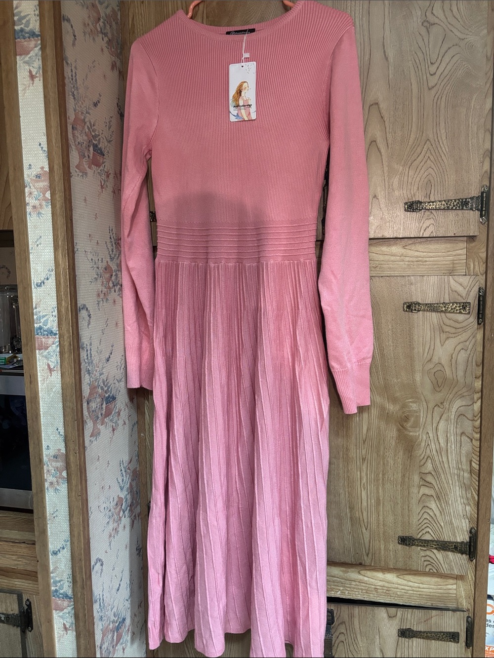 pink long-sleeve ribbed knit midi sweater dress size L - Picture 2 of 8